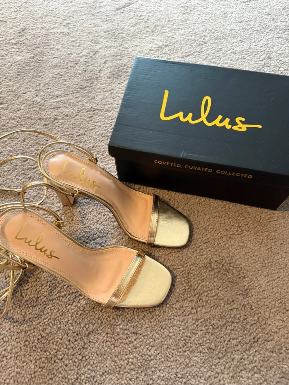 Lulu's Metallic Gold Strappy Block Heel Sandals